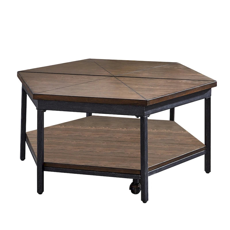 Table basse relevable hexagonale marron – Placage/MDF et piètement en fer