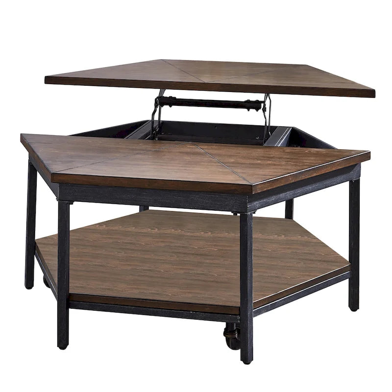 Table basse relevable hexagonale marron – Placage/MDF et piètement en fer