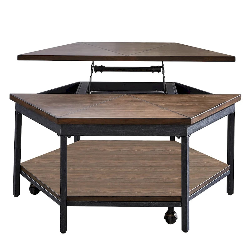 Table basse relevable hexagonale marron – Placage/MDF et piètement en fer