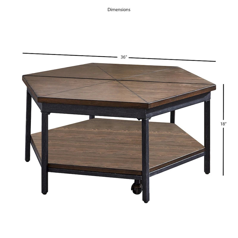 Table basse relevable hexagonale marron – Placage/MDF et piètement en fer