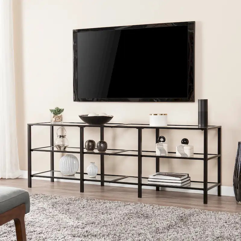 Meuble TV en métal noir/blanc avec étagères en verre trempé, compatible avec les téléviseurs jusqu'à 68 pouces, montage par 1 personne