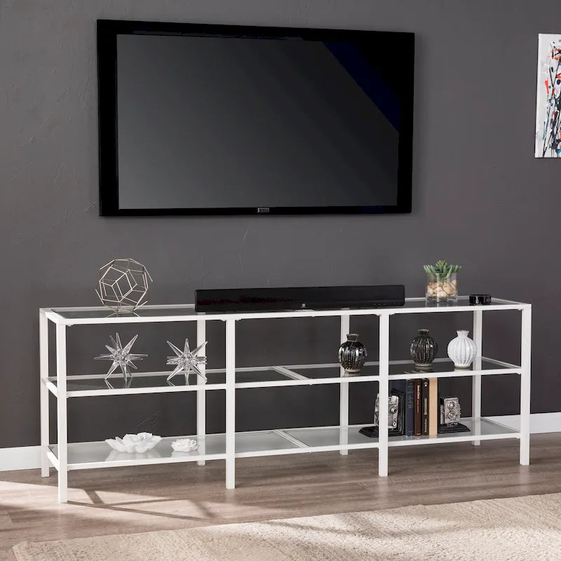 Meuble TV en métal noir/blanc avec étagères en verre trempé, compatible avec les téléviseurs jusqu'à 68 pouces, montage par 1 personne