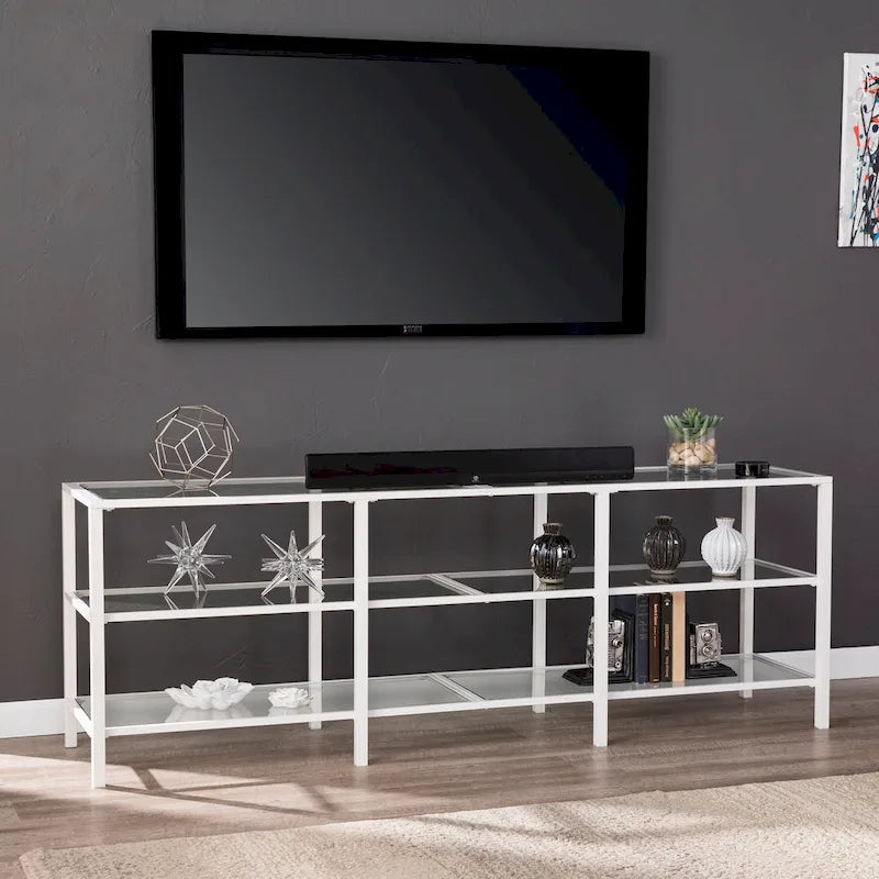 Meuble TV en métal noir/blanc avec étagères en verre trempé, compatible avec les téléviseurs jusqu'à 68 pouces, montage par 1 personne