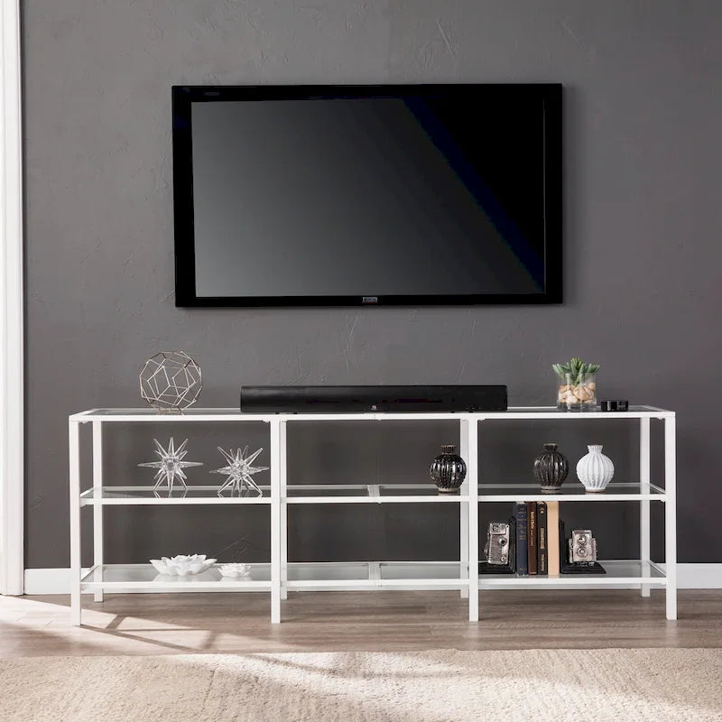 Meuble TV en métal noir/blanc avec étagères en verre trempé, compatible avec les téléviseurs jusqu'à 68 pouces, montage par 1 personne