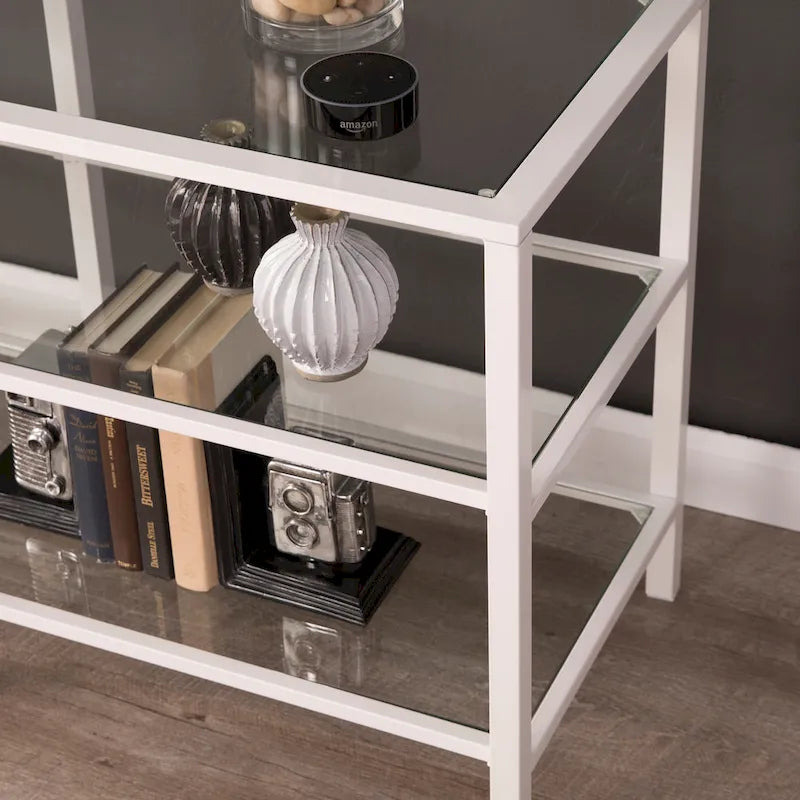 Meuble TV en métal noir/blanc avec étagères en verre trempé, compatible avec les téléviseurs jusqu'à 68 pouces, montage par 1 personne