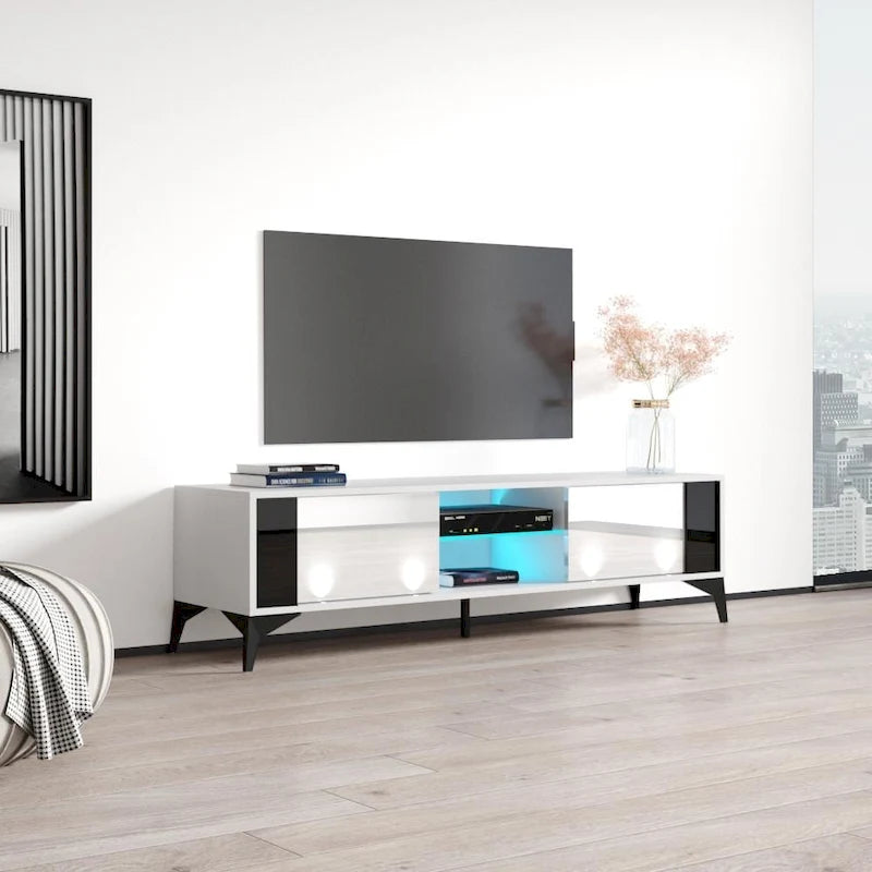 Meuble TV moderne blanc / gris / noir, convient aux téléviseurs jusqu'à 70"