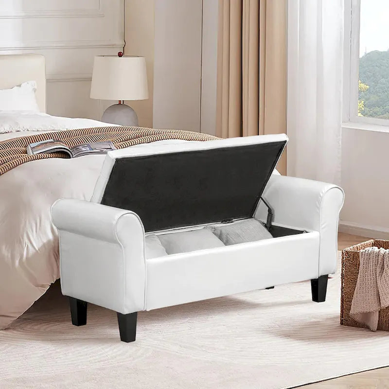 Banc coffre de rangement en cuir avec accoudoirs, 2 places, Beige / Marron / Noir