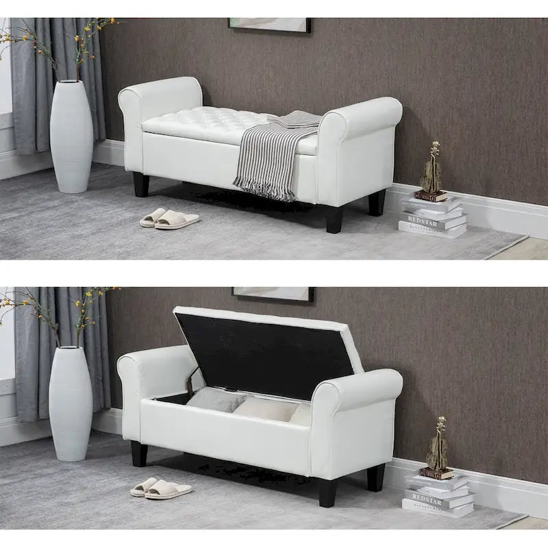 Banc coffre de rangement en cuir avec accoudoirs, 2 places, Beige / Marron / Noir