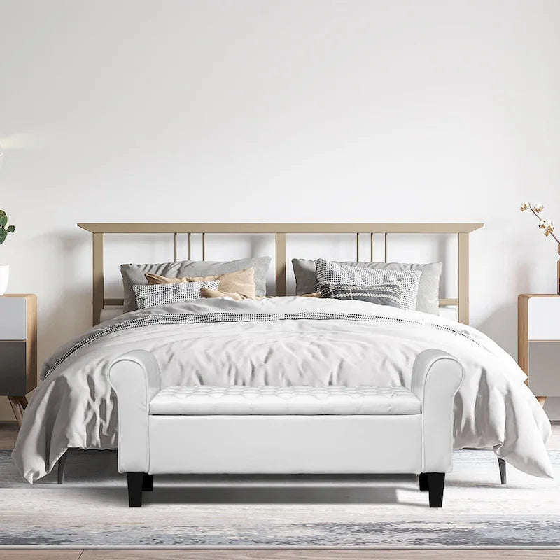 Banc coffre de rangement en cuir avec accoudoirs, 2 places, Beige / Marron / Noir