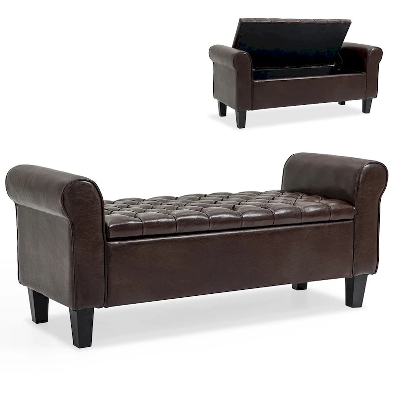 Banc coffre de rangement en cuir avec accoudoirs, 2 places, Beige / Marron / Noir