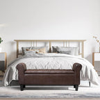 Banc coffre de rangement en cuir avec accoudoirs, 2 places, Beige / Marron / Noir