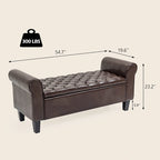 Banc coffre de rangement en cuir avec accoudoirs, 2 places, Beige / Marron / Noir