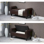 Banc coffre de rangement en cuir avec accoudoirs, 2 places, Beige / Marron / Noir