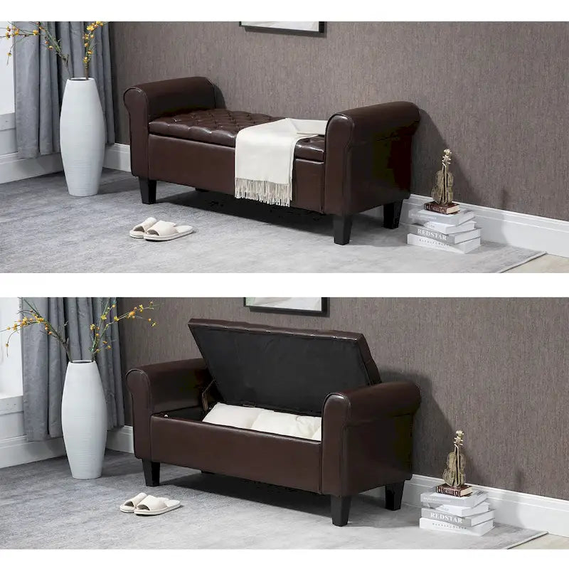 Banc coffre de rangement en cuir avec accoudoirs, 2 places, Beige / Marron / Noir