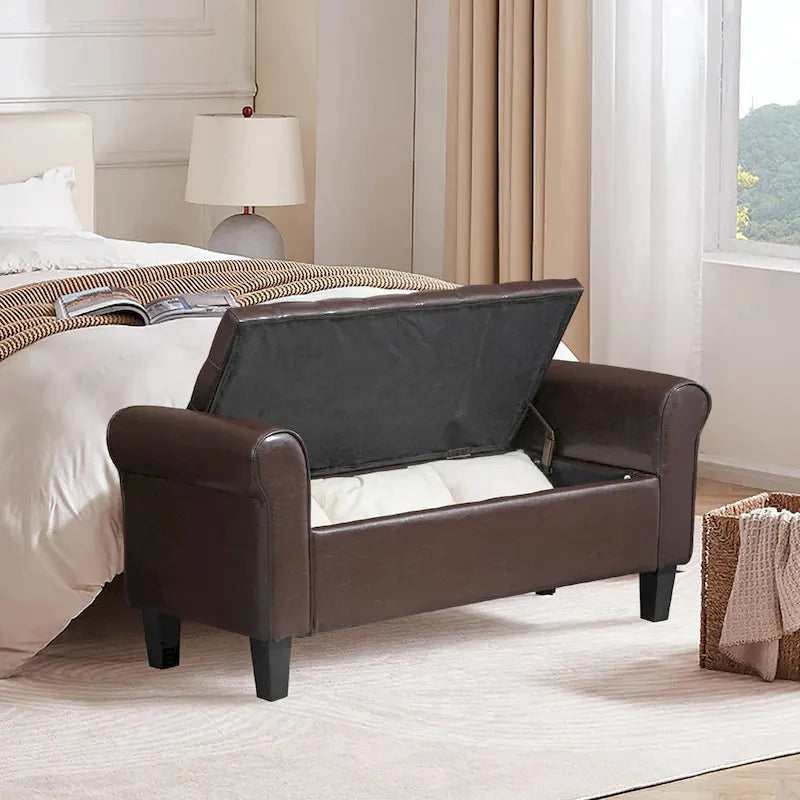 Banc coffre de rangement en cuir avec accoudoirs, 2 places, Beige / Marron / Noir