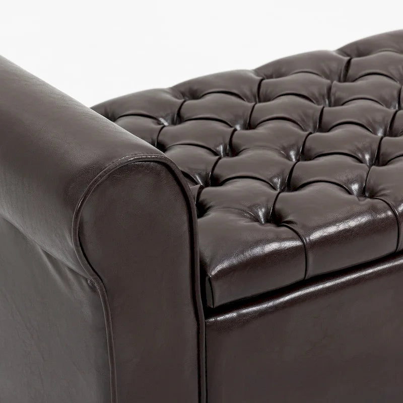 Banc coffre de rangement en cuir avec accoudoirs, 2 places, Beige / Marron / Noir