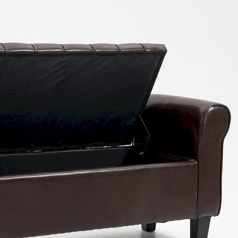 Banc coffre de rangement en cuir avec accoudoirs, 2 places, Beige / Marron / Noir