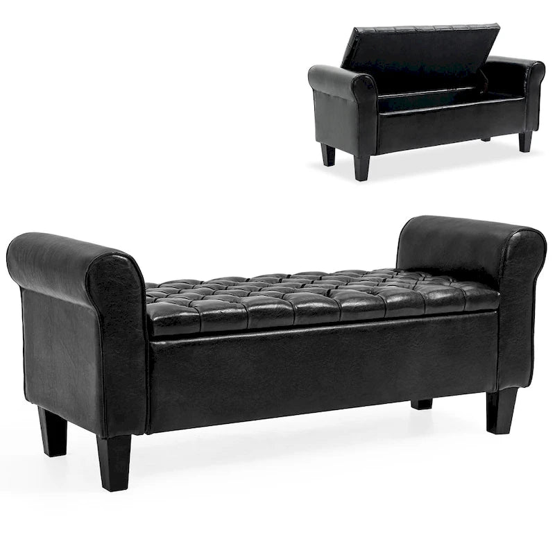 Banc coffre de rangement en cuir avec accoudoirs, 2 places, Beige / Marron / Noir