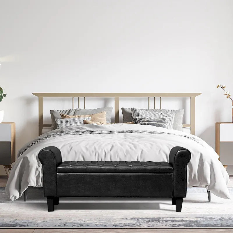 Banc coffre de rangement en cuir avec accoudoirs, 2 places, Beige / Marron / Noir