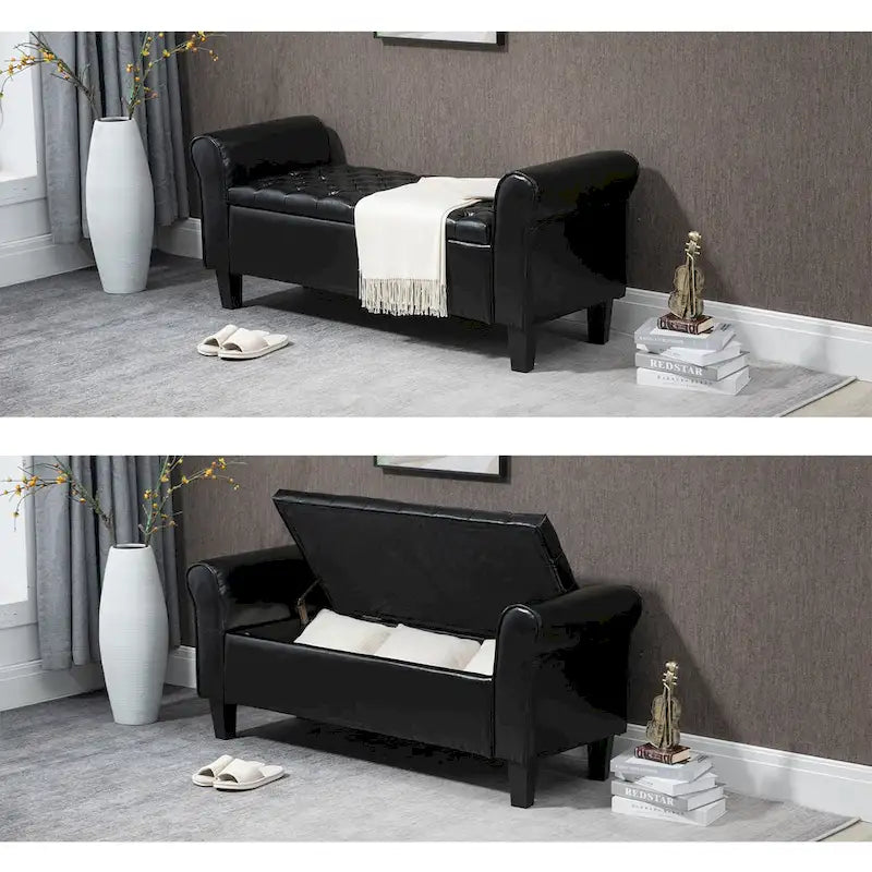 Banc coffre de rangement en cuir avec accoudoirs, 2 places, Beige / Marron / Noir