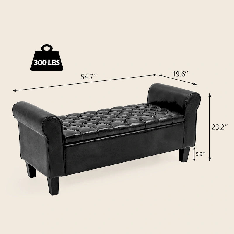 Banc coffre de rangement en cuir avec accoudoirs, 2 places, Beige / Marron / Noir