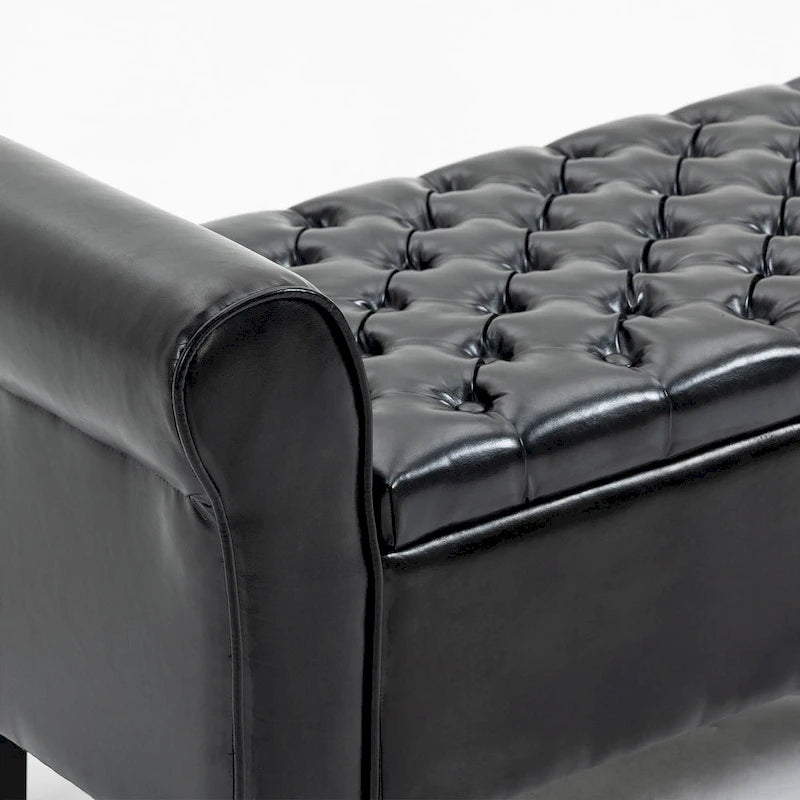 Banc coffre de rangement en cuir avec accoudoirs, 2 places, Beige / Marron / Noir