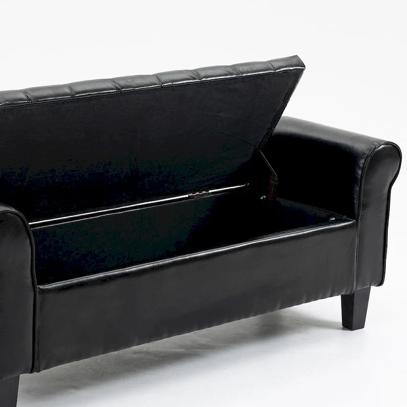 Banc coffre de rangement en cuir avec accoudoirs, 2 places, Beige / Marron / Noir
