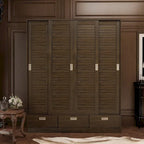 Armoire coulissante 4 portes avec tiroirs et tringle à vêtements, aspect bois foncé