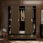 Armoire coulissante 4 portes avec tiroirs et tringle à vêtements, aspect bois foncé