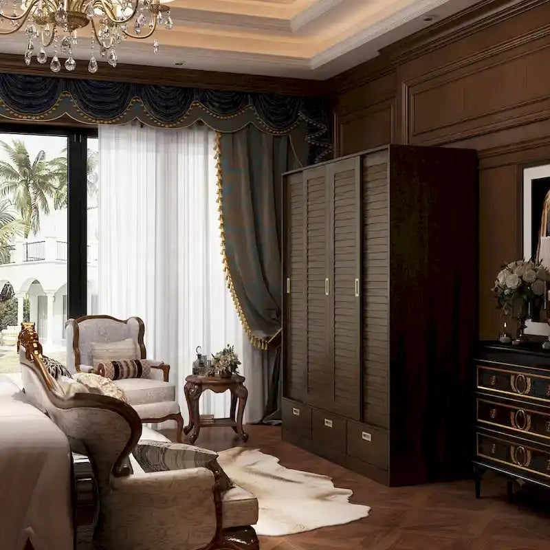 Armoire coulissante 4 portes avec tiroirs et tringle à vêtements, aspect bois foncé