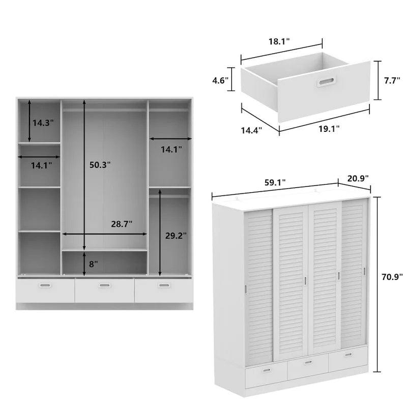 Armoire coulissante 4 portes avec tiroirs et tringle à vêtements, aspect bois foncé