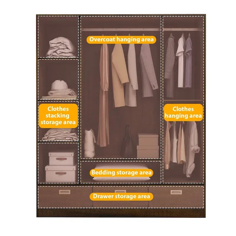 Armoire coulissante 4 portes avec tiroirs et tringle à vêtements, aspect bois foncé