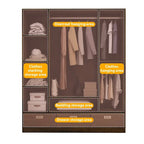 Armoire coulissante 4 portes avec tiroirs et tringle à vêtements, aspect bois foncé