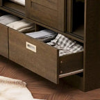 Armoire coulissante 4 portes avec tiroirs et tringle à vêtements, aspect bois foncé