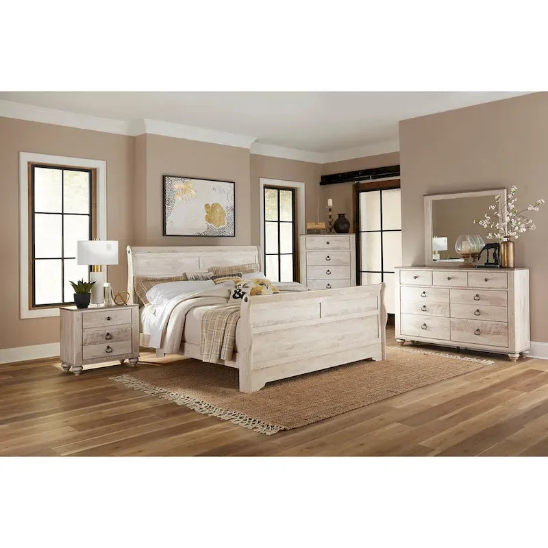 Ensemble de chambre à coucher traîneau blanchi – 5 pièces, grand lit/très grand lit