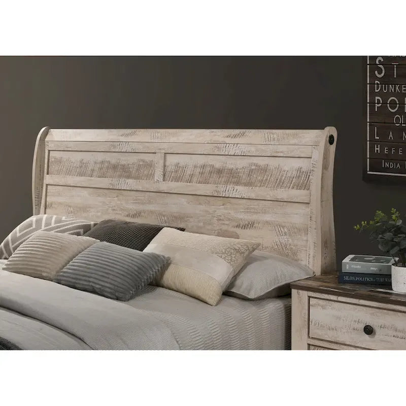 Ensemble de chambre à coucher traîneau blanchi – 5 pièces, grand lit/très grand lit