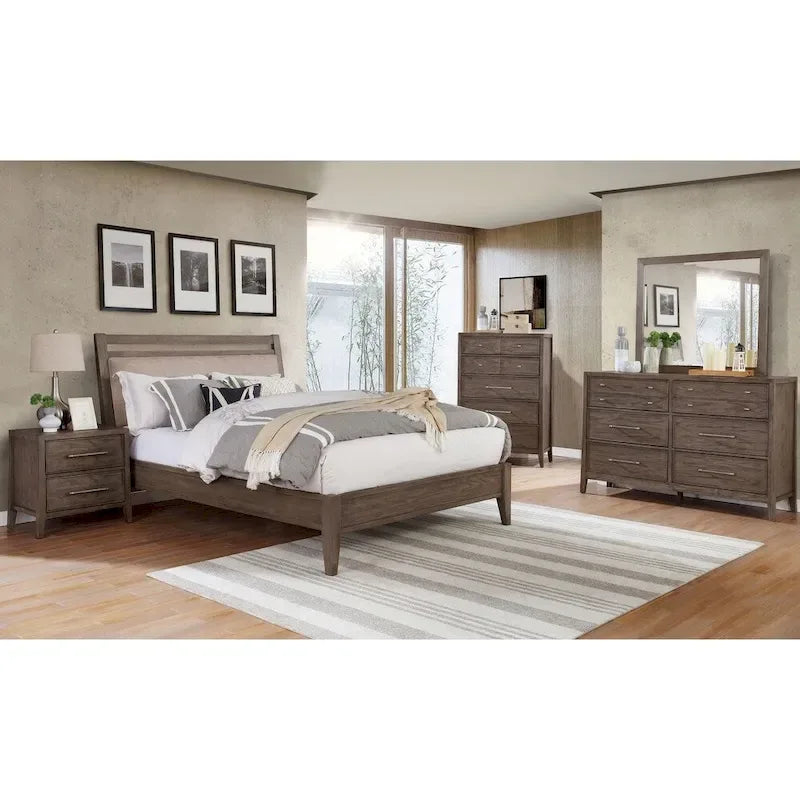 Lit plateforme capitonné gris-beige chaud — Transitionnel, très grand lit / grand lit / grand lit double