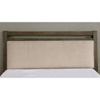 Lit plateforme capitonné gris-beige chaud — Transitionnel, très grand lit / grand lit / grand lit double