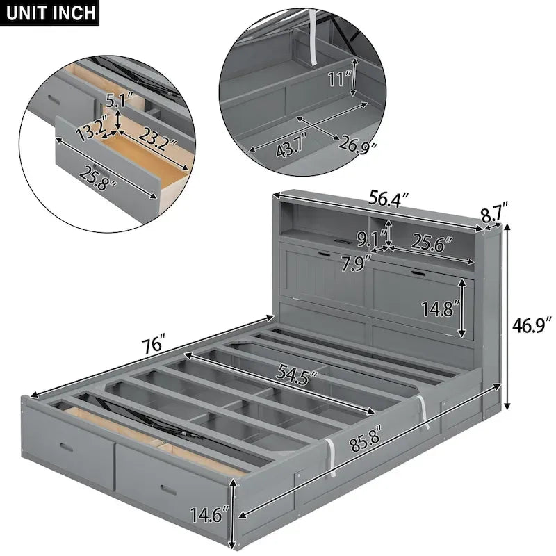 Lit plate-forme hydraulique pleine grandeur gris avec tête de lit LED, 1 personne