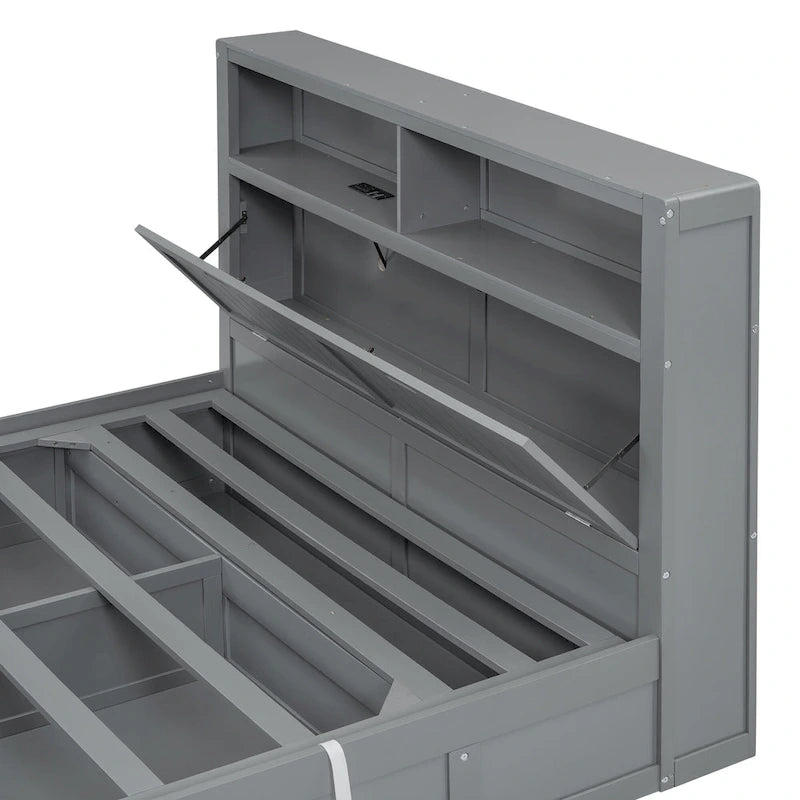 Lit plate-forme hydraulique pleine grandeur gris avec tête de lit LED, 1 personne