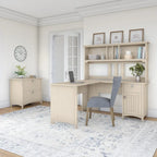 Suite de bureau en L blanc antique avec huche et classeur – 1 personne