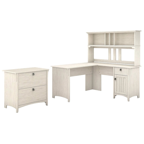 Suite de bureau en L blanc antique avec huche et classeur – 1 personne