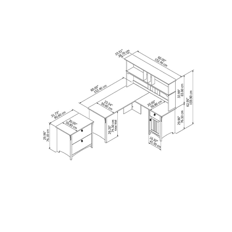 Suite de bureau en L blanc antique avec huche et classeur – 1 personne