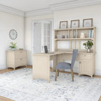 Suite de bureau en L blanc antique avec huche et classeur – 1 personne