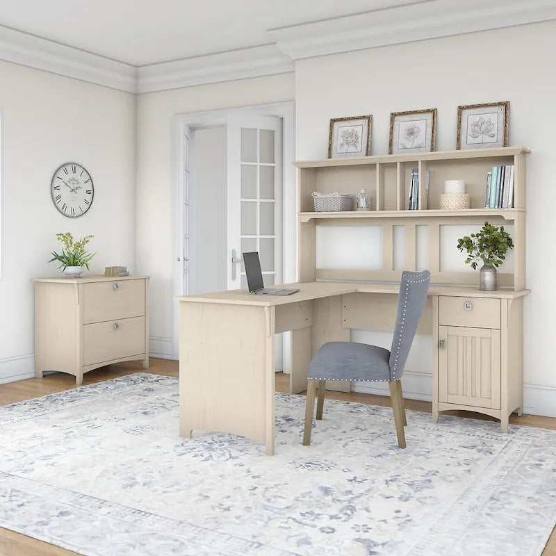 Suite de bureau en L blanc antique avec huche et classeur – 1 personne