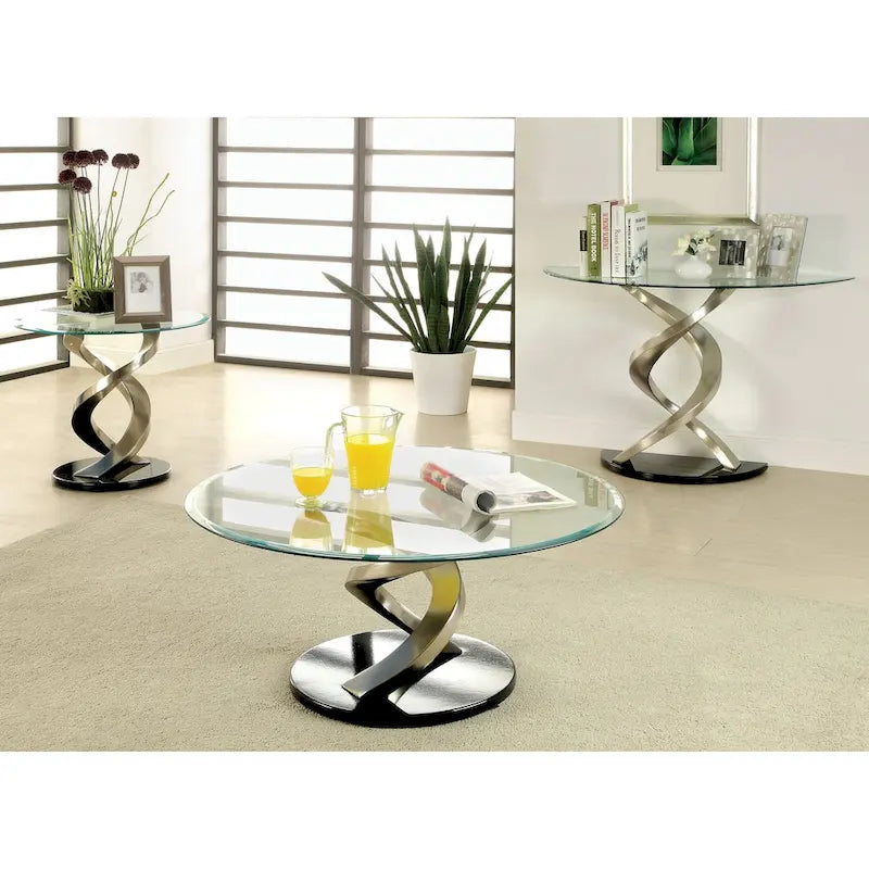 Table basse ronde en verre plaqué satin, style contemporain, 1 place