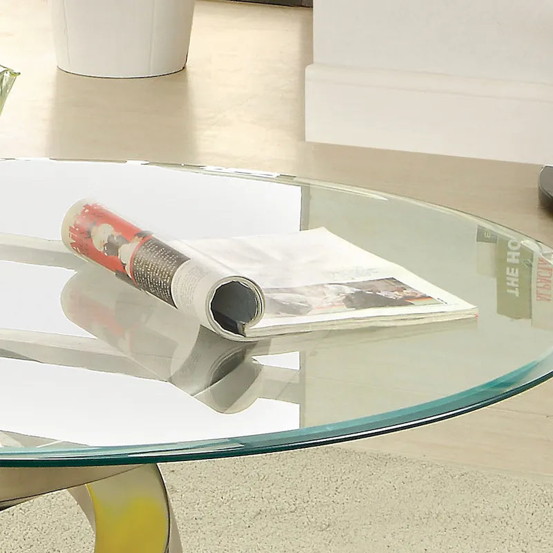 Table basse ronde en verre plaqué satin, style contemporain, 1 place