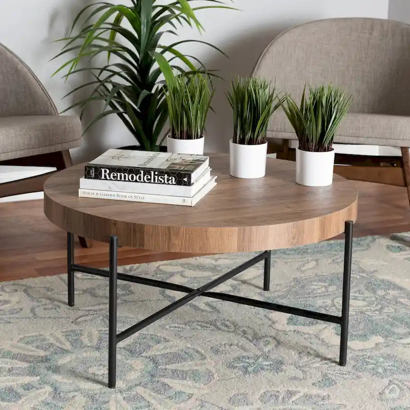 Table basse ronde industrielle noyer marron et noir