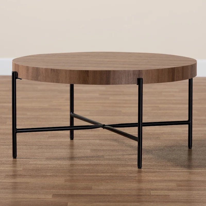 Table basse ronde industrielle noyer marron et noir