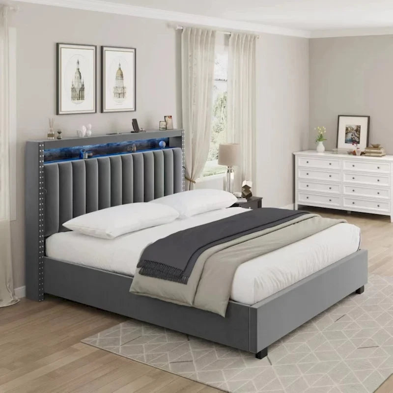 Lit de rangement avec vérins à gaz, taille Queen, bleu/gris avec lumières LED